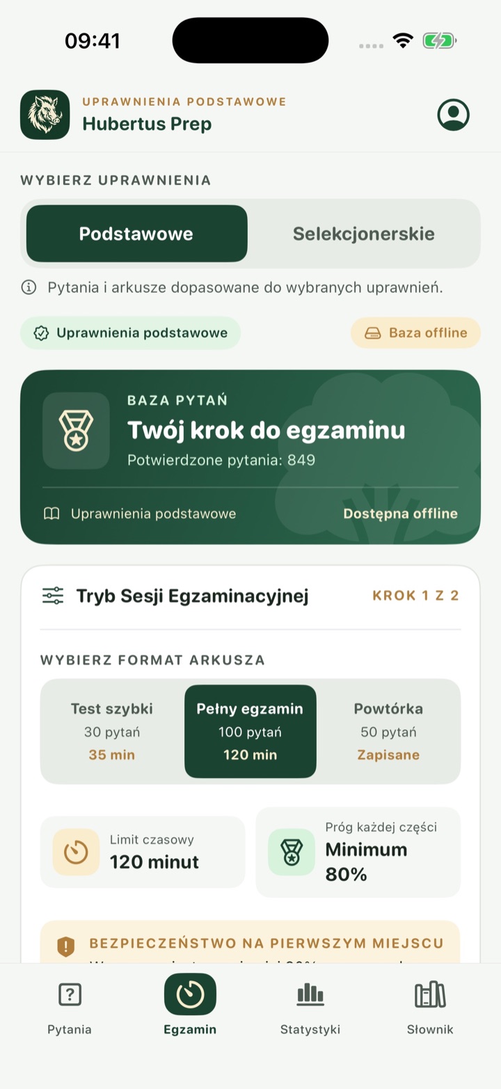 Hubertus Prep: wybór uprawnień podstawowych lub selekcjonerskich i konfiguracja testu na ekranie iPhone’a