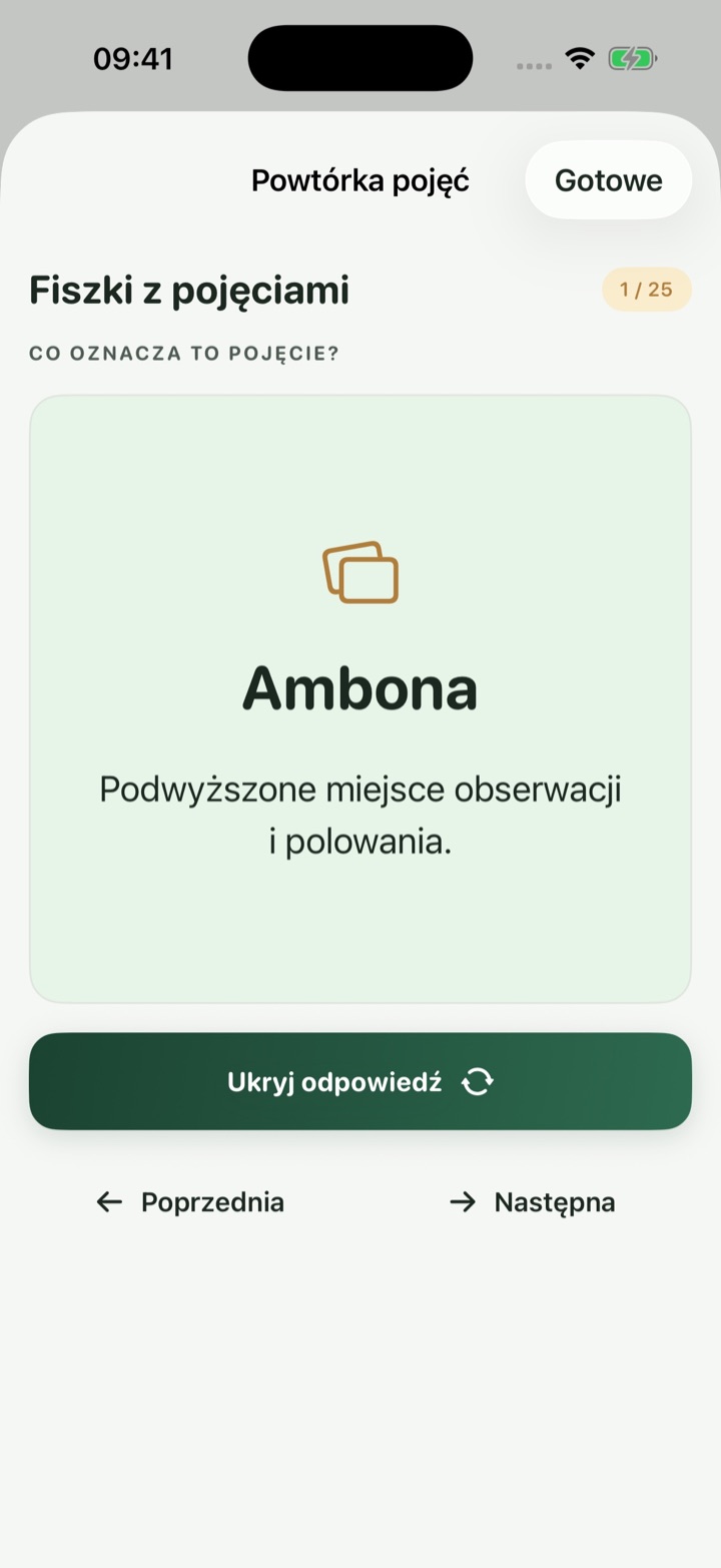 Fiszka z pojęciem łowieckim w słowniku aplikacji
