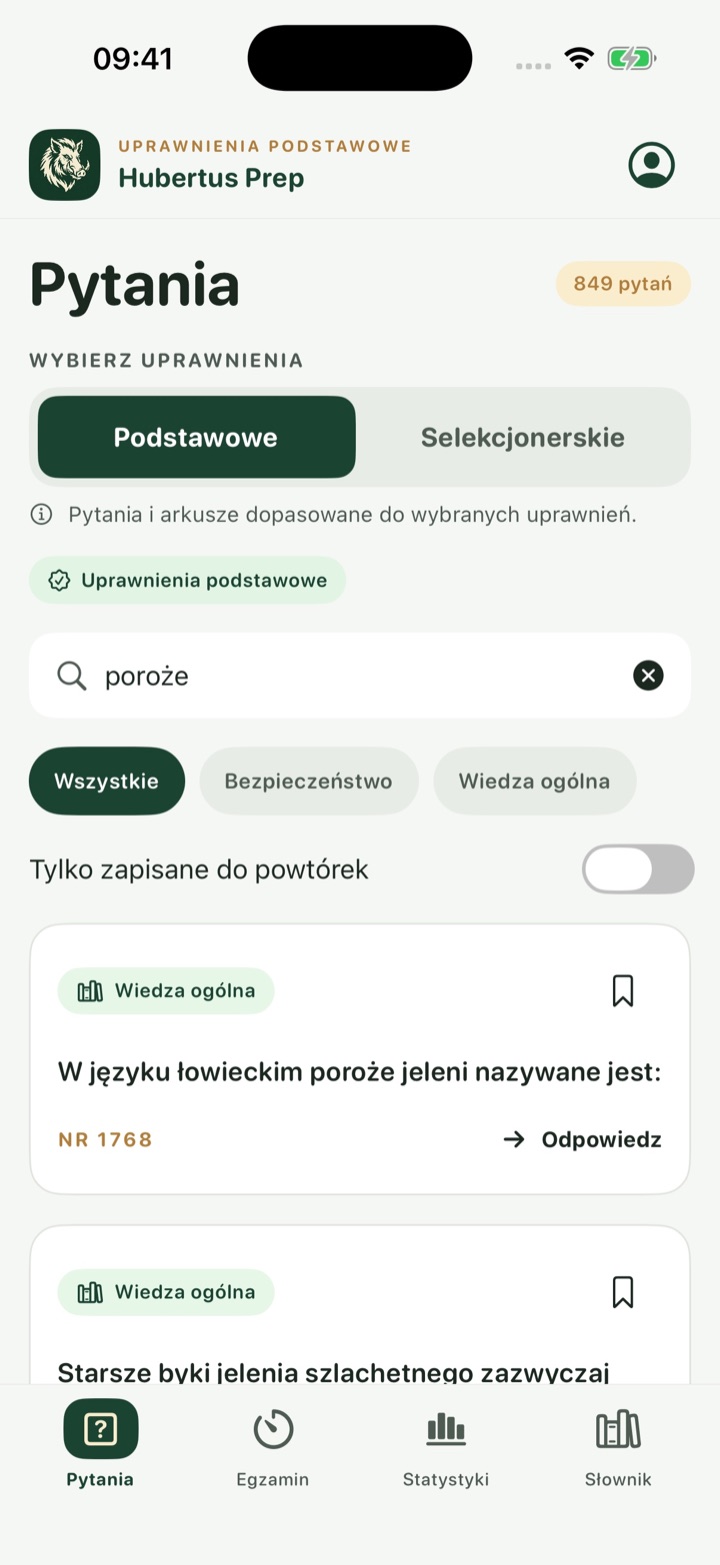 Lista pytań z wyszukiwarką, filtrami i wyborem uprawnień